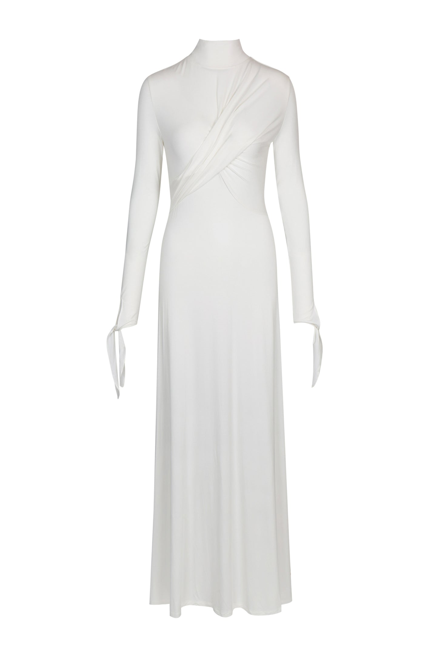 Studio product shot of YIBRI ivory draped long-sleeve high-neck maxi dress with wrap detailing, front view