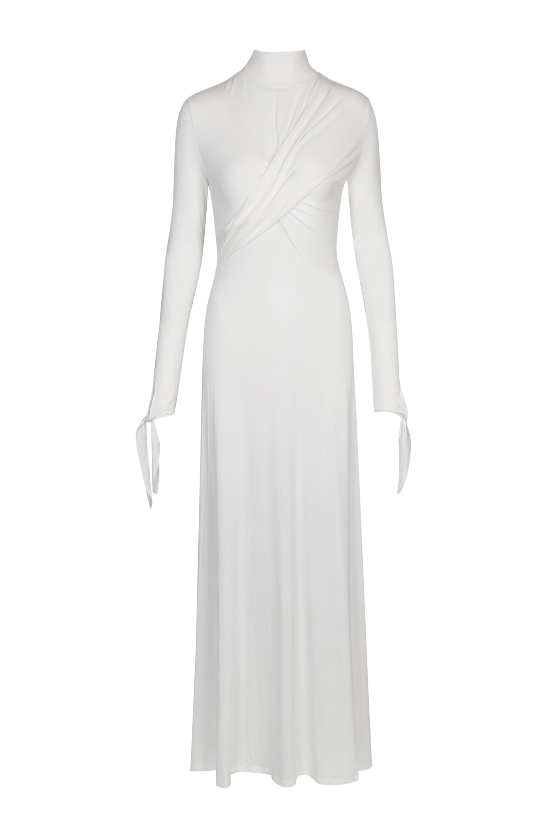 Studio product shot of YIBRI ivory draped long-sleeve high-neck maxi dress with wrap detailing, front view