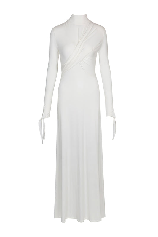 Studio product shot of YIBRI ivory draped long-sleeve high-neck maxi dress with wrap detailing, front view