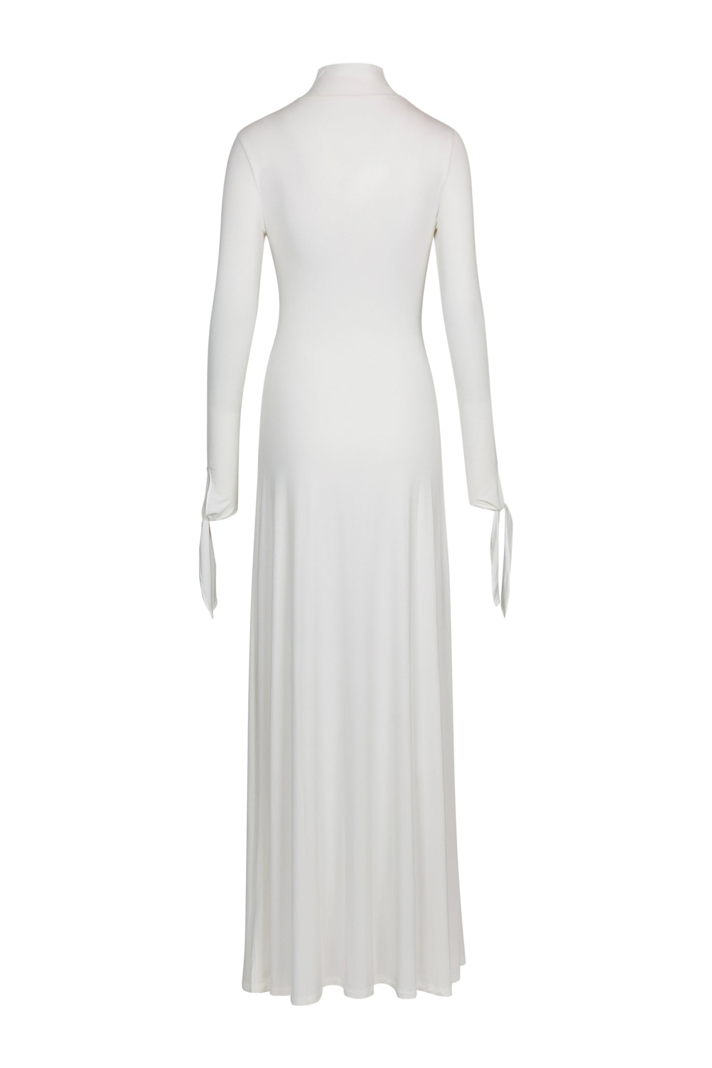 Studio product shot of YIBRI ivory draped high-neck maxi dress with long sleeves and extended cuff ties, back view