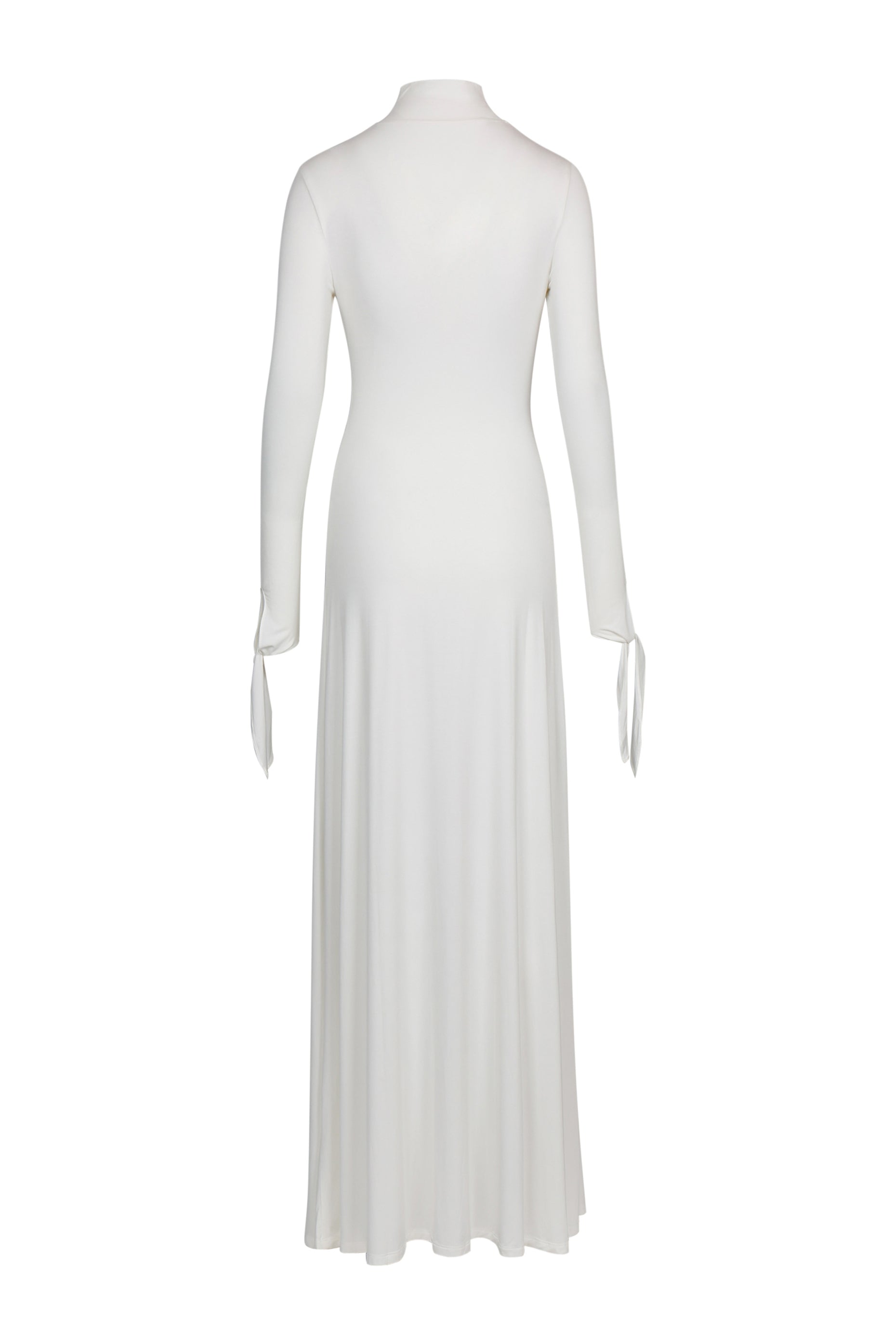 Studio product shot of YIBRI ivory draped high-neck maxi dress with long sleeves and extended cuff ties, back view