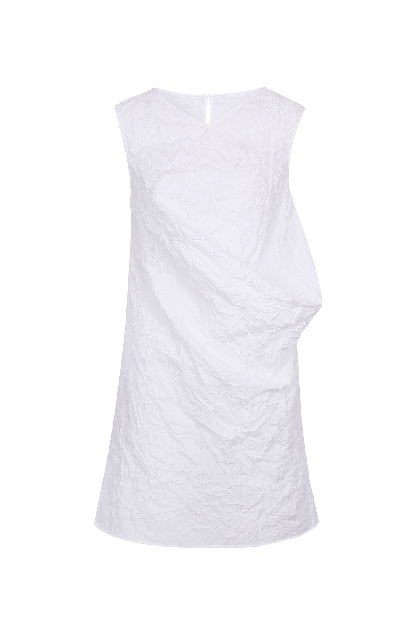 Front view of YIBRI White Sculpted Crinkle Mini Dress featuring asymmetrical draped volume, sleeveless silhouette and textured crinkle fabric — a modern quiet luxury designer dress.