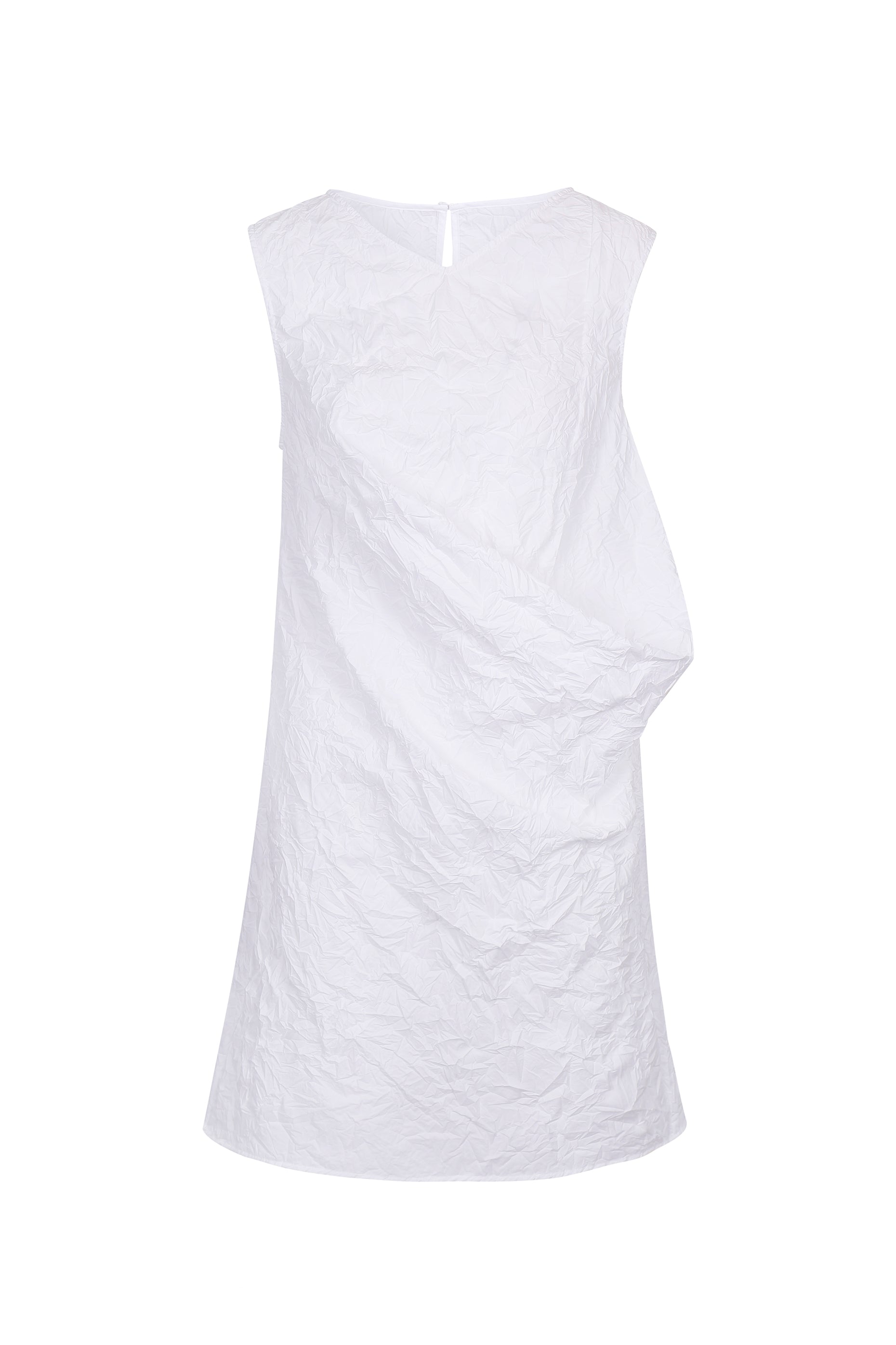 Front view of YIBRI White Sculpted Crinkle Mini Dress featuring asymmetrical draped volume, sleeveless silhouette and textured crinkle fabric — a modern quiet luxury designer dress.