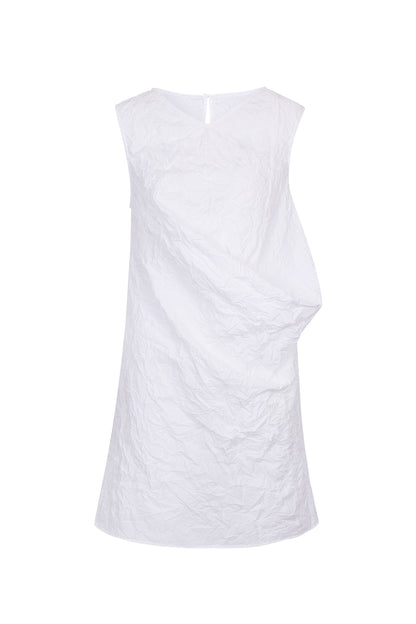 Front view of YIBRI White Sculpted Crinkle Mini Dress featuring asymmetrical draped volume, sleeveless silhouette and textured crinkle fabric — a modern quiet luxury designer dress.