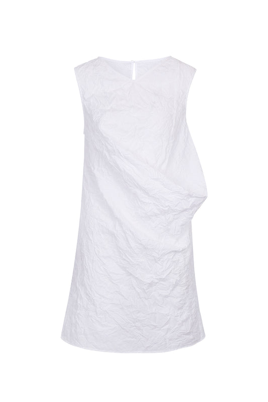 Front view of YIBRI White Sculpted Crinkle Mini Dress featuring asymmetrical draped volume, sleeveless silhouette and textured crinkle fabric — a modern quiet luxury designer dress.