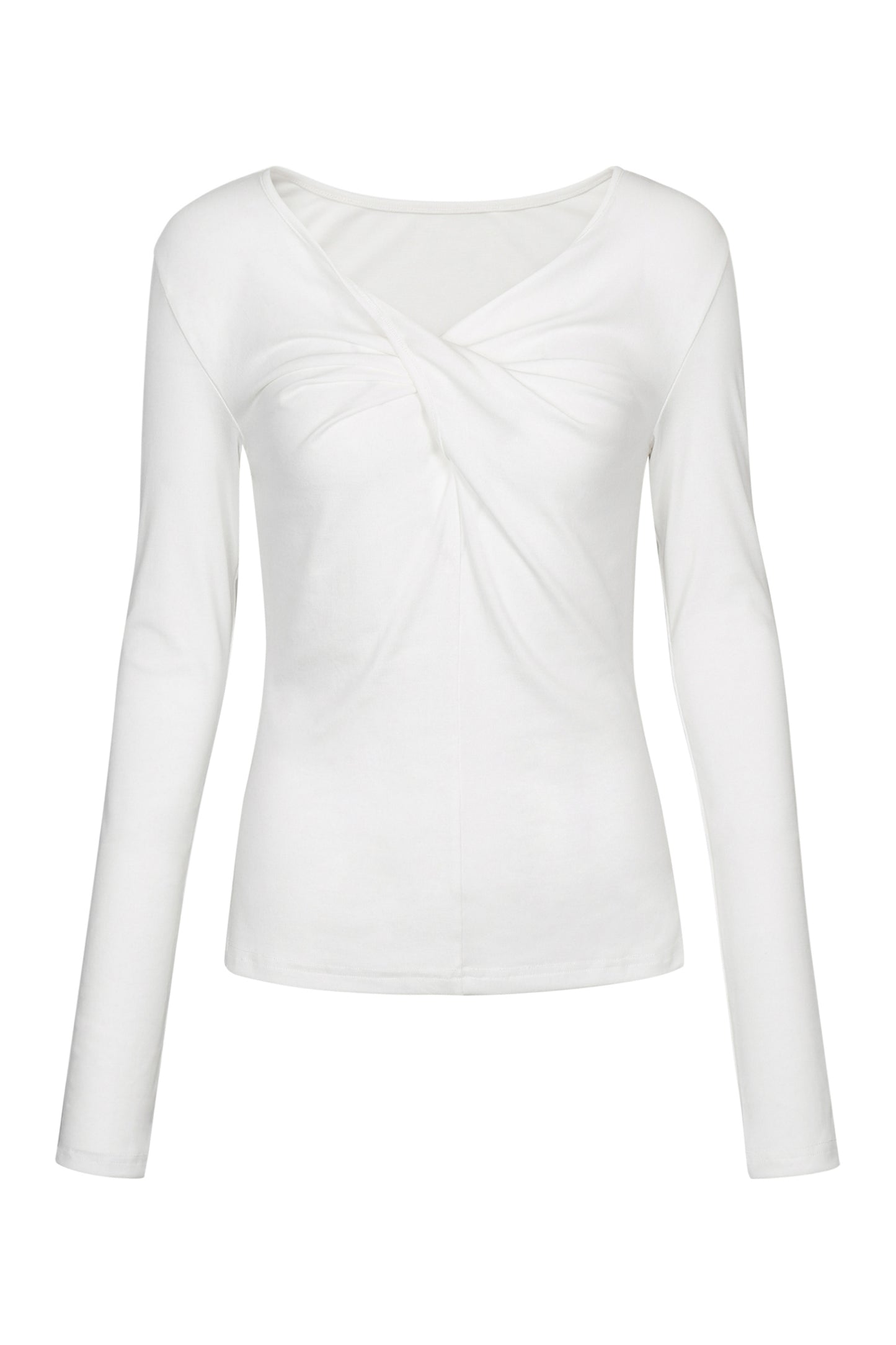 Front view of the YIBRI White Twisted Long Jersey Sleeve Top featuring a soft ivory jersey and sculptural twisted neckline.
