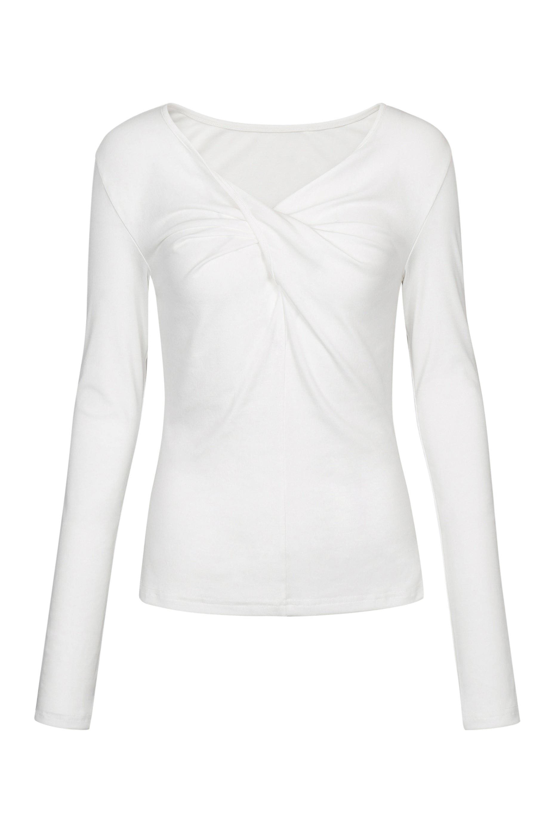 Front view of the YIBRI White Twisted Long Jersey Sleeve Top featuring a soft ivory jersey and sculptural twisted neckline.