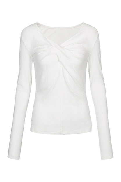 Front view of the YIBRI White Twisted Long Jersey Sleeve Top featuring a soft ivory jersey and sculptural twisted neckline.