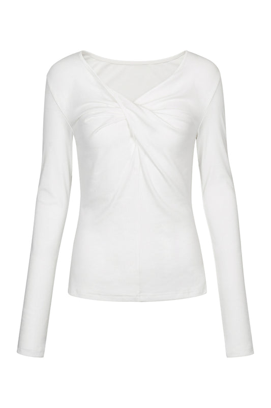 Front view of the YIBRI White Twisted Long Jersey Sleeve Top featuring a soft ivory jersey and sculptural twisted neckline.
