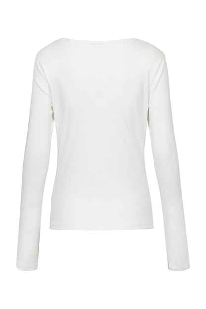 Back view of the YIBRI White Twisted Long Jersey Sleeve Top, showing the clean minimal silhouette in smooth ivory jersey.
