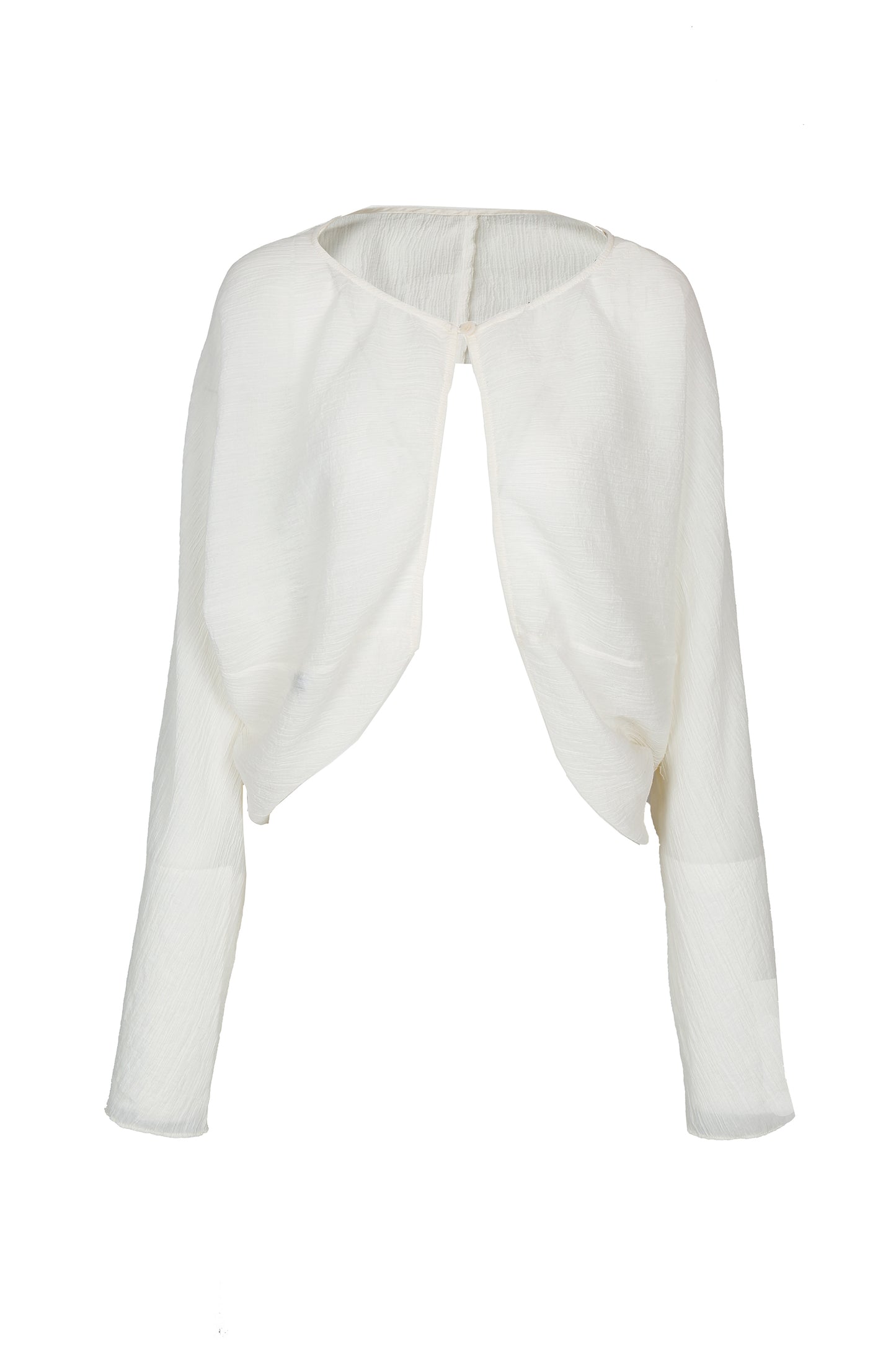 Front view of YIBRI White Wrinkle-Textured Reversible Top featuring sculptural drape, soft wrinkle-effect fabric and a minimal open-front silhouette.