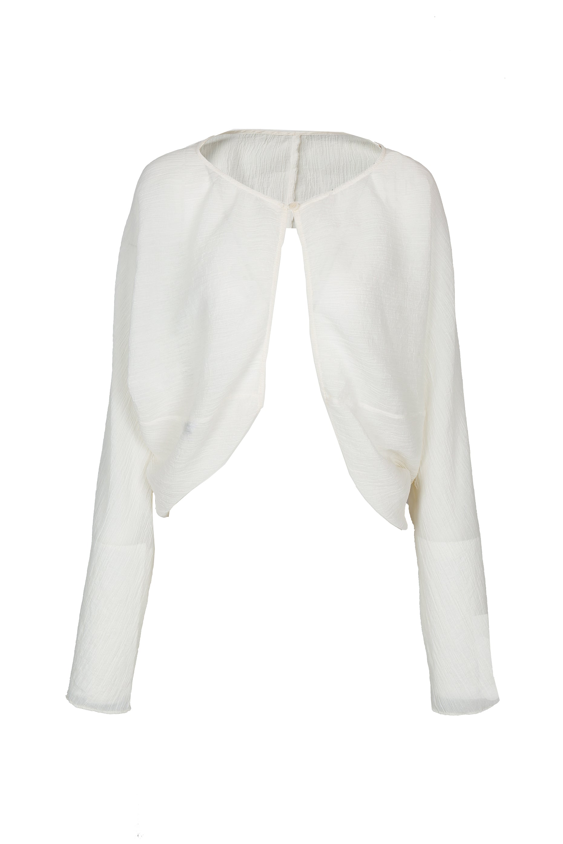 Front view of YIBRI White Wrinkle-Textured Reversible Top featuring sculptural drape, soft wrinkle-effect fabric and a minimal open-front silhouette.