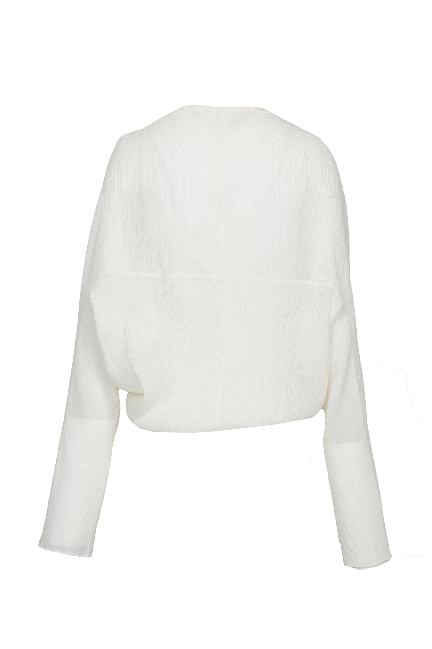 Back view of the YIBRI White Wrinkle-Textured Reversible Top showing the relaxed batwing shape, soft texture and clean back panels.