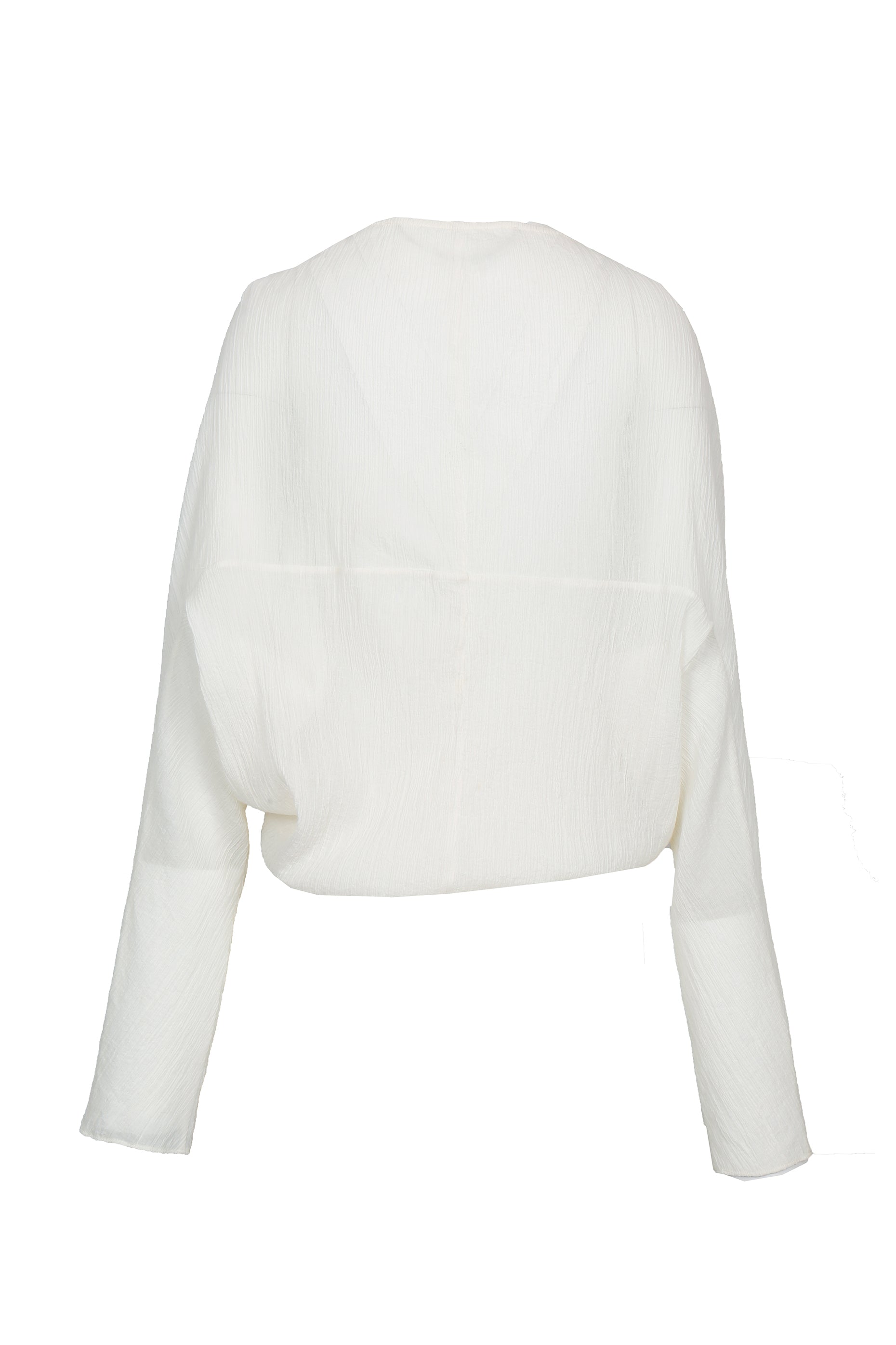 Back view of the YIBRI White Wrinkle-Textured Reversible Top showing the relaxed batwing shape, soft texture and clean back panels.