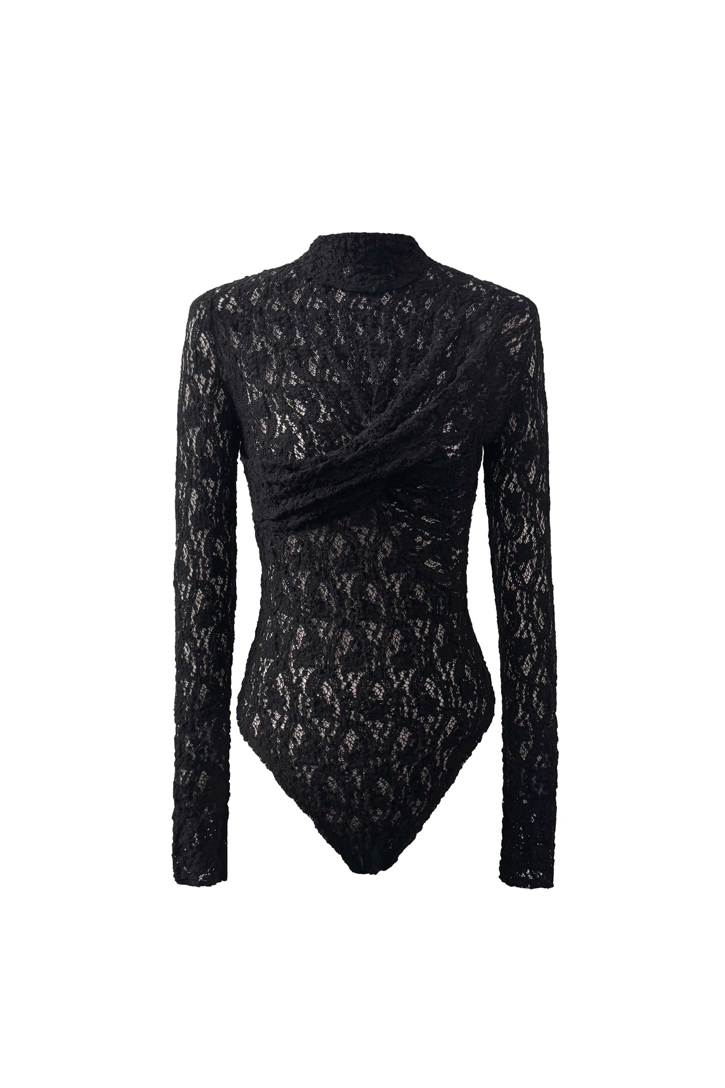 Front view of YIBRI Reversible Twisted-Knot Top in black lace, featuring a sculptural twisted panel across the chest and long sleeves in sheer floral lace.