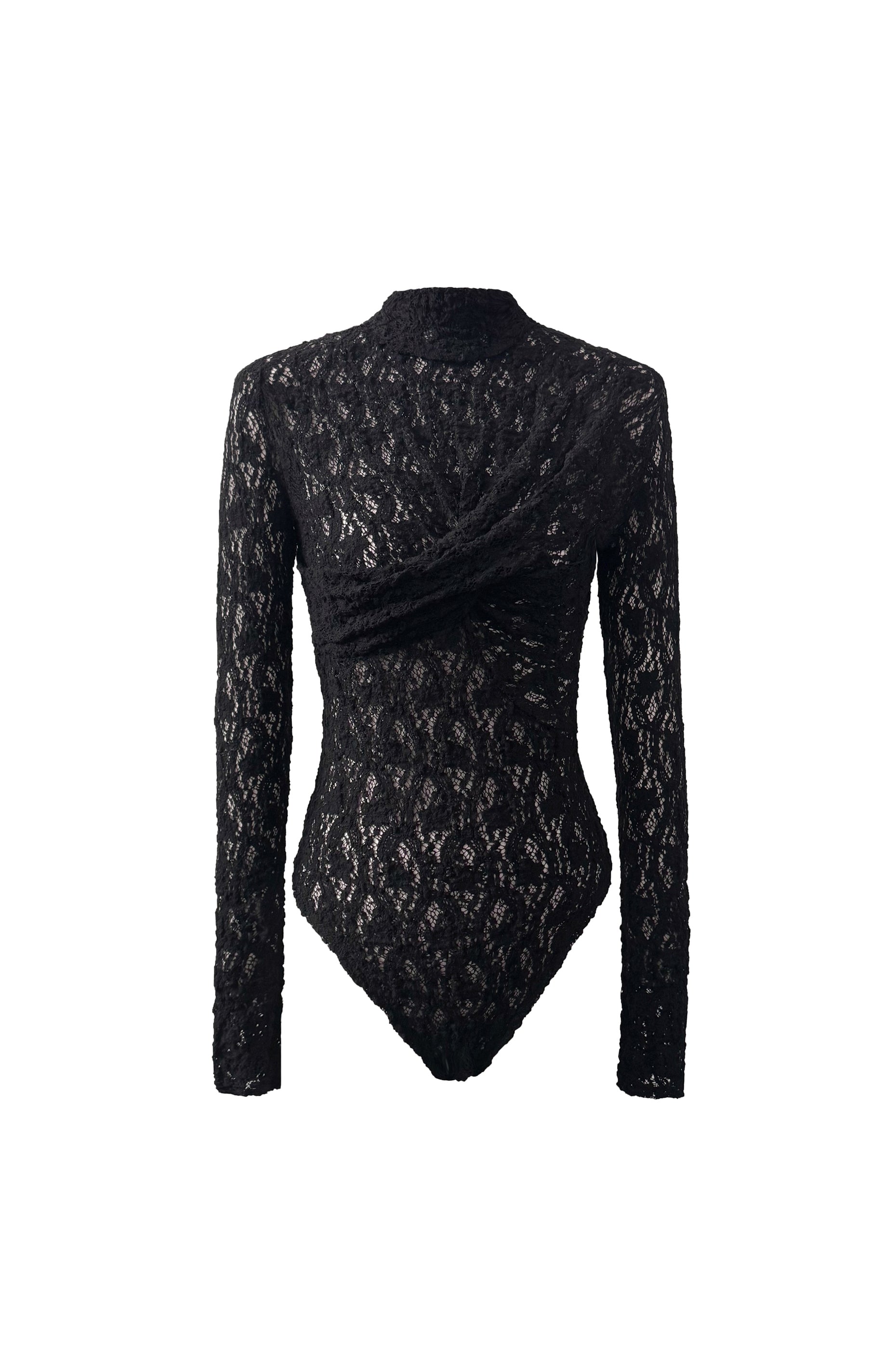Front view of YIBRI Reversible Twisted-Knot Top in black lace, featuring a sculptural twisted panel across the chest and long sleeves in sheer floral lace.