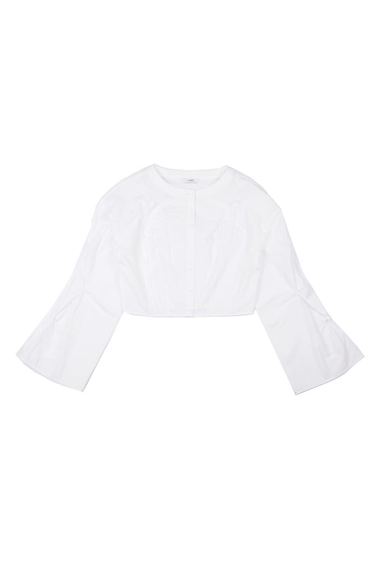 CROPPED WHITE BLOUSE WITH CROCHET FLOWER AND SMOCKED BELL SLEEVES