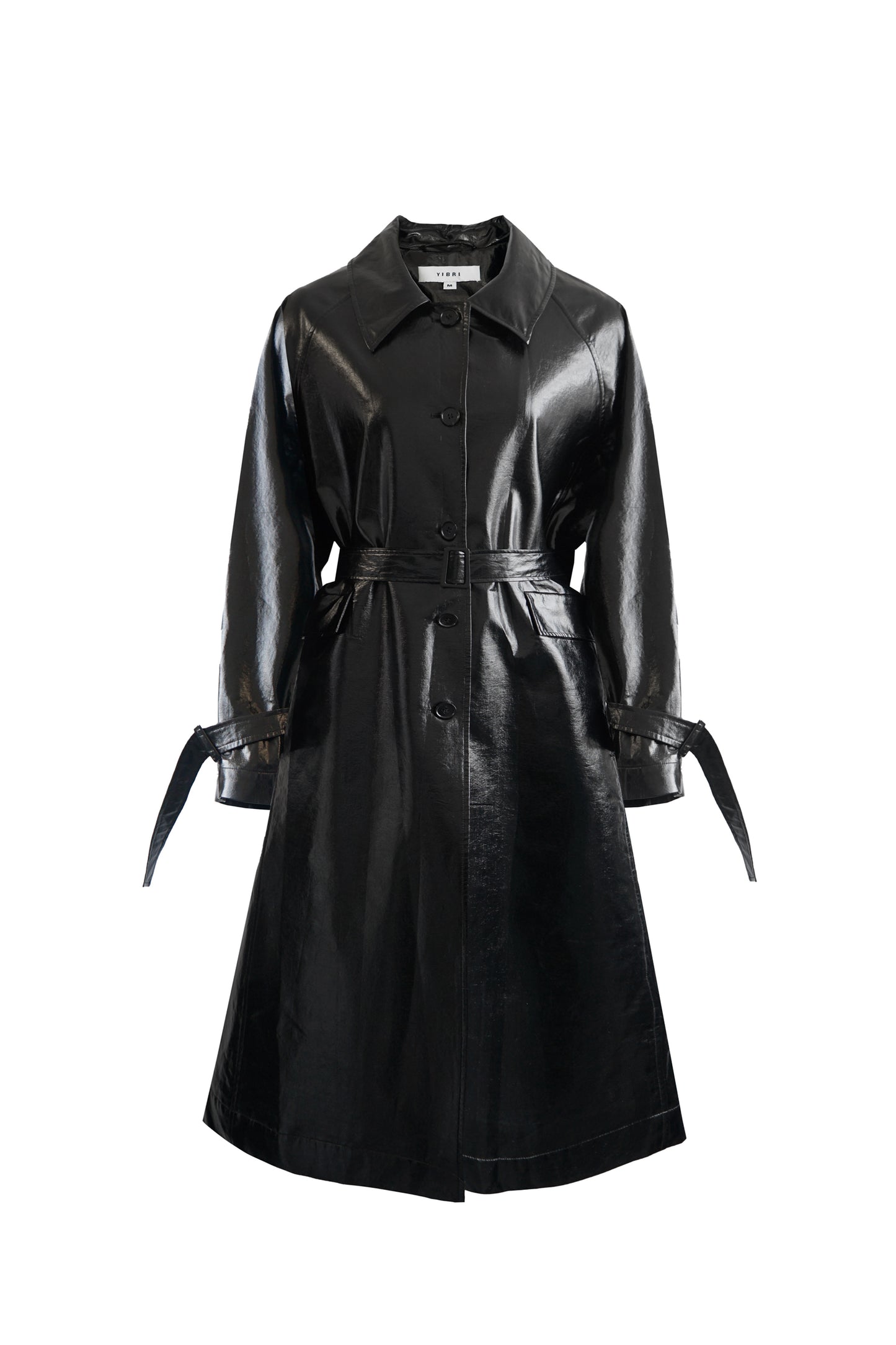 GLOSSY BALCK LONG TRENCH COAT
