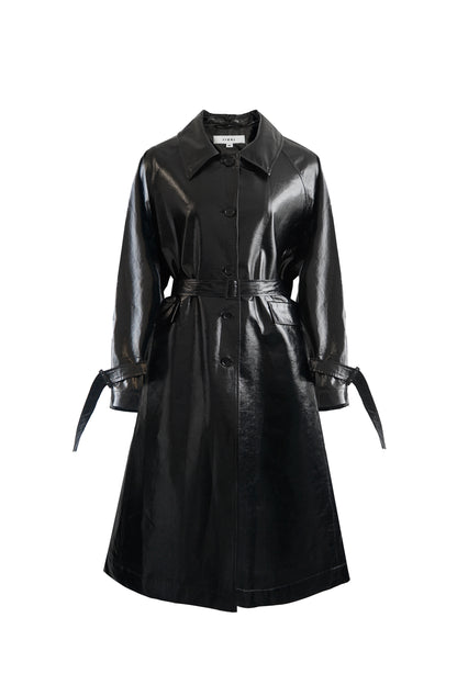 GLOSSY BALCK LONG TRENCH COAT