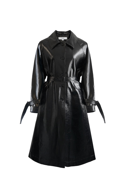 GLOSSY BALCK LONG TRENCH COAT