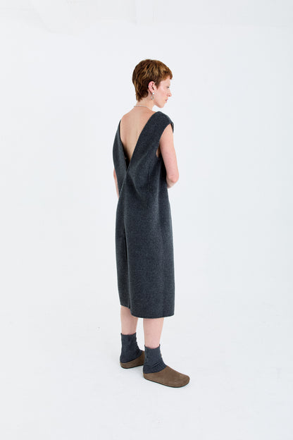 TWO TONE WOOL DEEP V-NECK SLEEVELESS REVERSIBLE DRESS