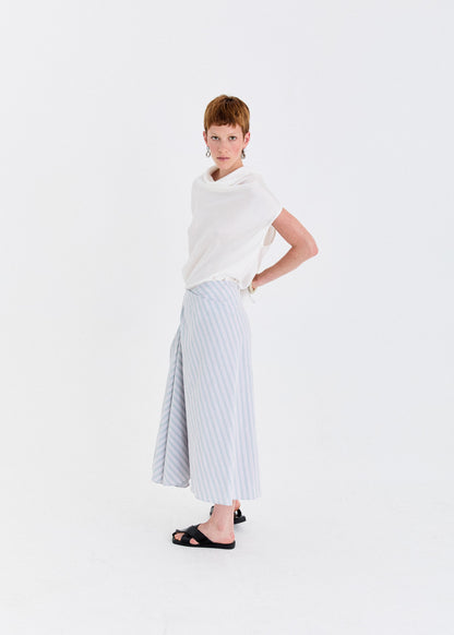 STONEWASHED COTTON TWILL TWISTED-PLEAT MIDI SKIRT
