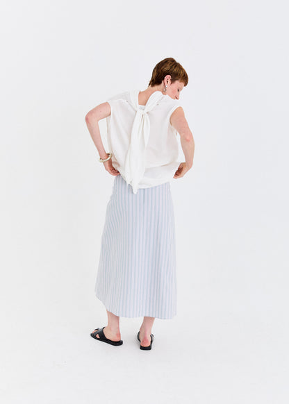 STONEWASHED COTTON TWILL TWISTED-PLEAT MIDI SKIRT