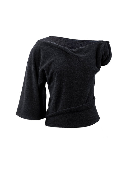 FLEECE ASYMMETRICAL SHOULDER TWISTED TOP