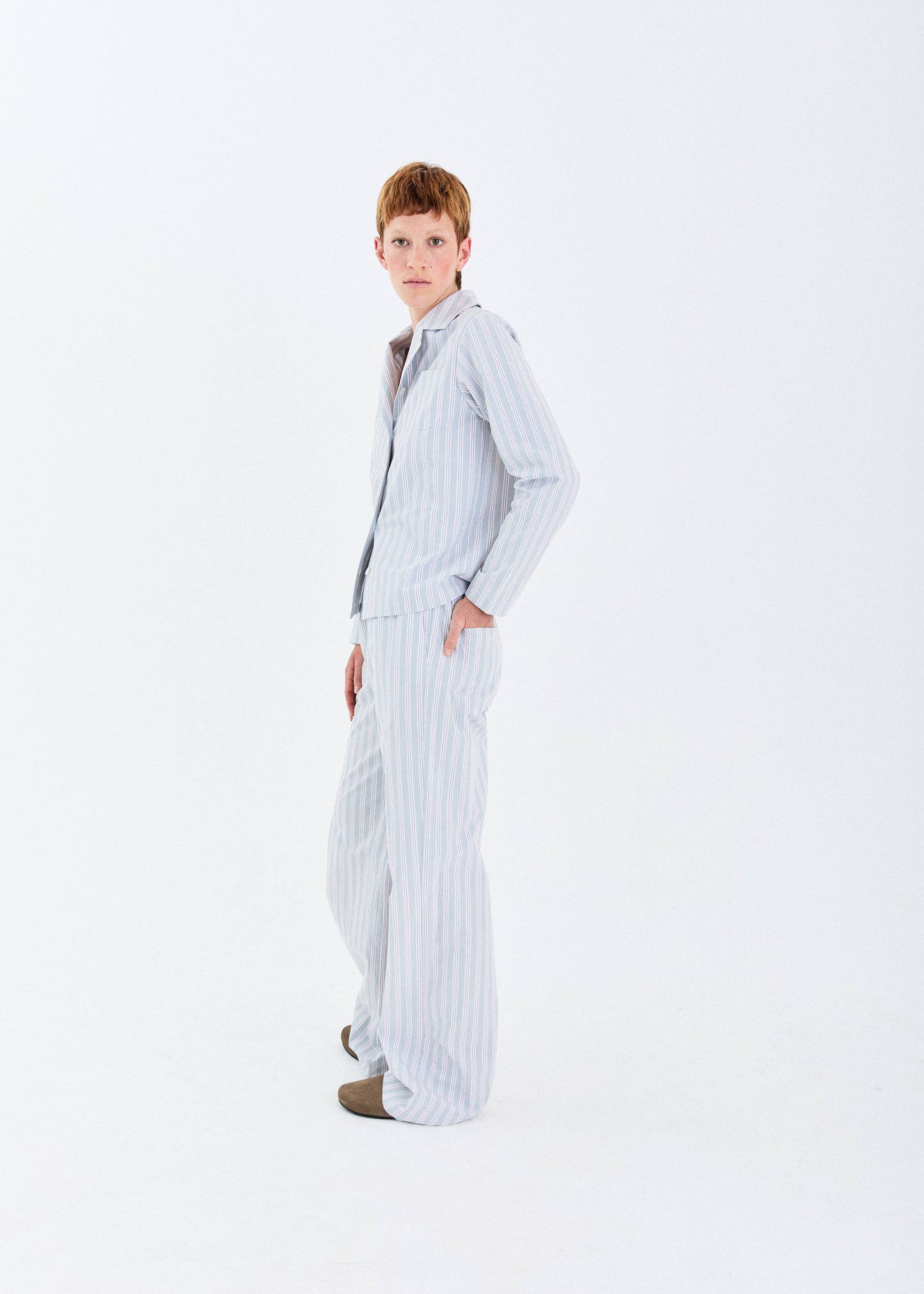 STONEWASHED STRIPED ELASTIC WAISTBAND PANTS