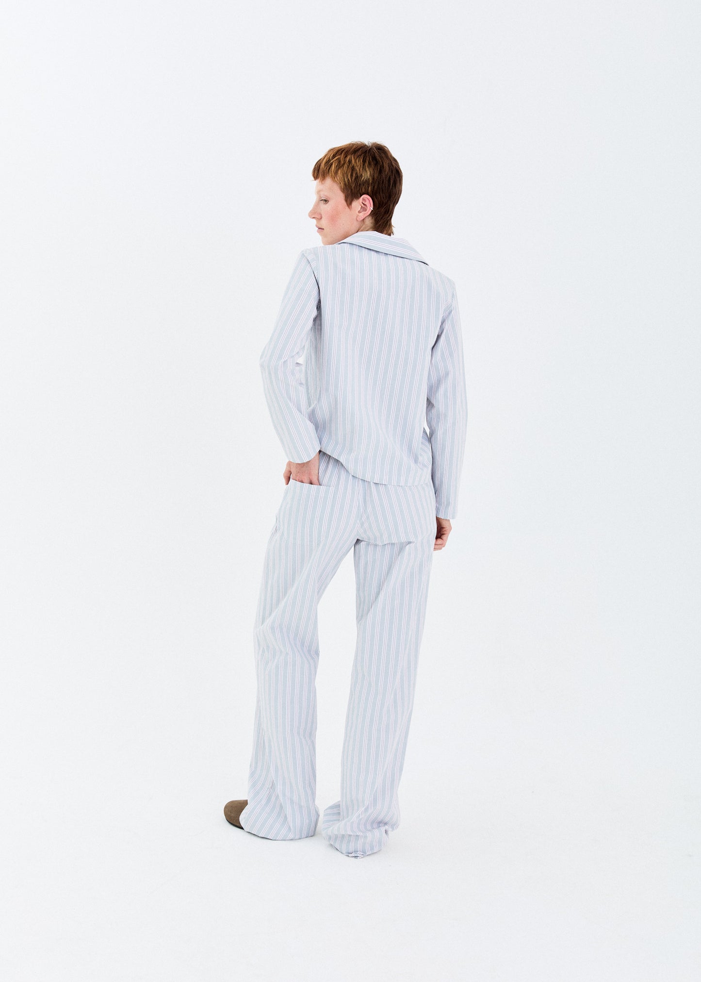 STONEWASHED STRIPED ELASTIC WAISTBAND PANTS