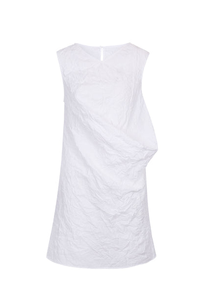 WHITE TEXTURED DRAPED MINI DRESS