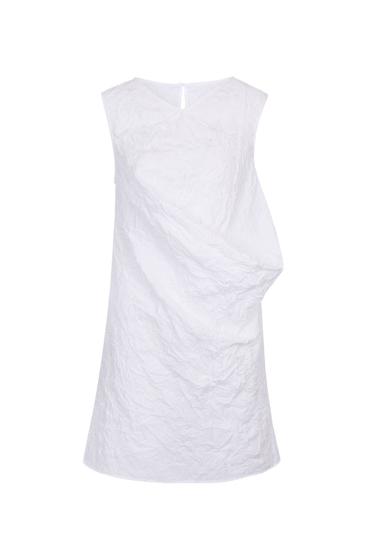 WHITE TEXTURED DRAPED MINI DRESS