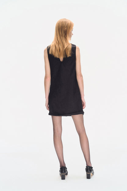 BLACK TEXTURED DRAPED MINI DRESS