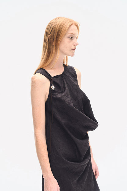 BLACK TEXTURED DRAPED MINI DRESS