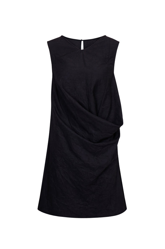 BLACK TEXTURED DRAPED MINI DRESS
