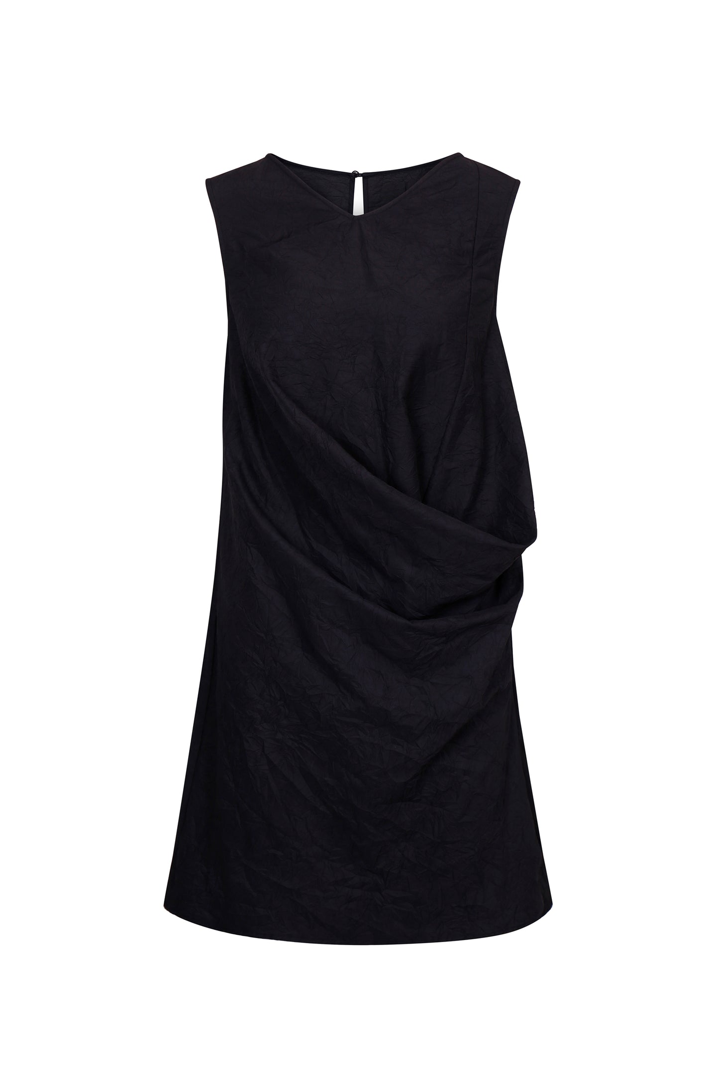 BLACK TEXTURED DRAPED MINI DRESS