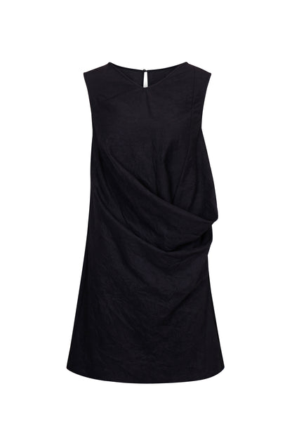 BLACK TEXTURED DRAPED MINI DRESS