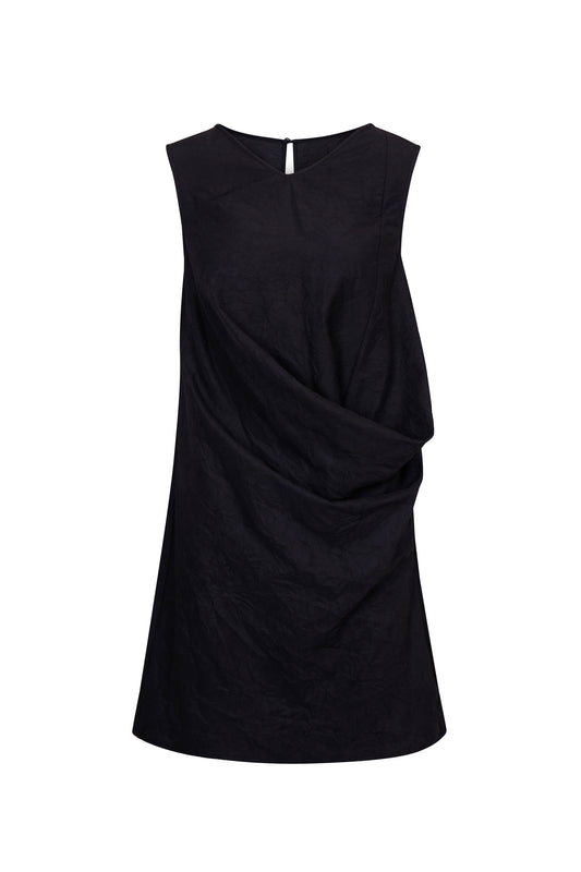 BLACK TEXTURED DRAPED MINI DRESS