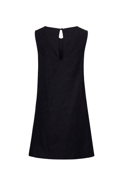 BLACK TEXTURED DRAPED MINI DRESS
