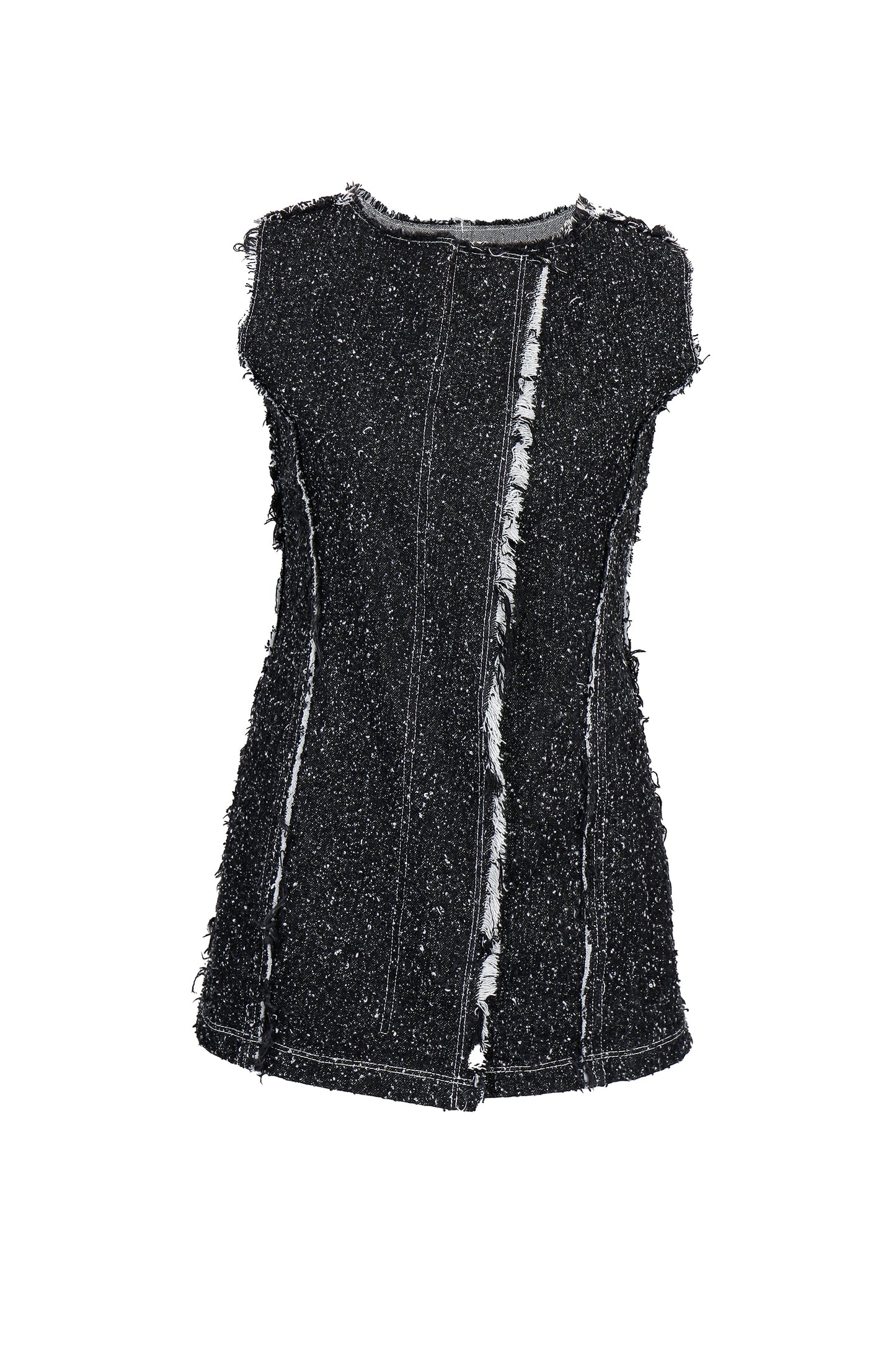 Black sleeveless top with textured fabric on a white background