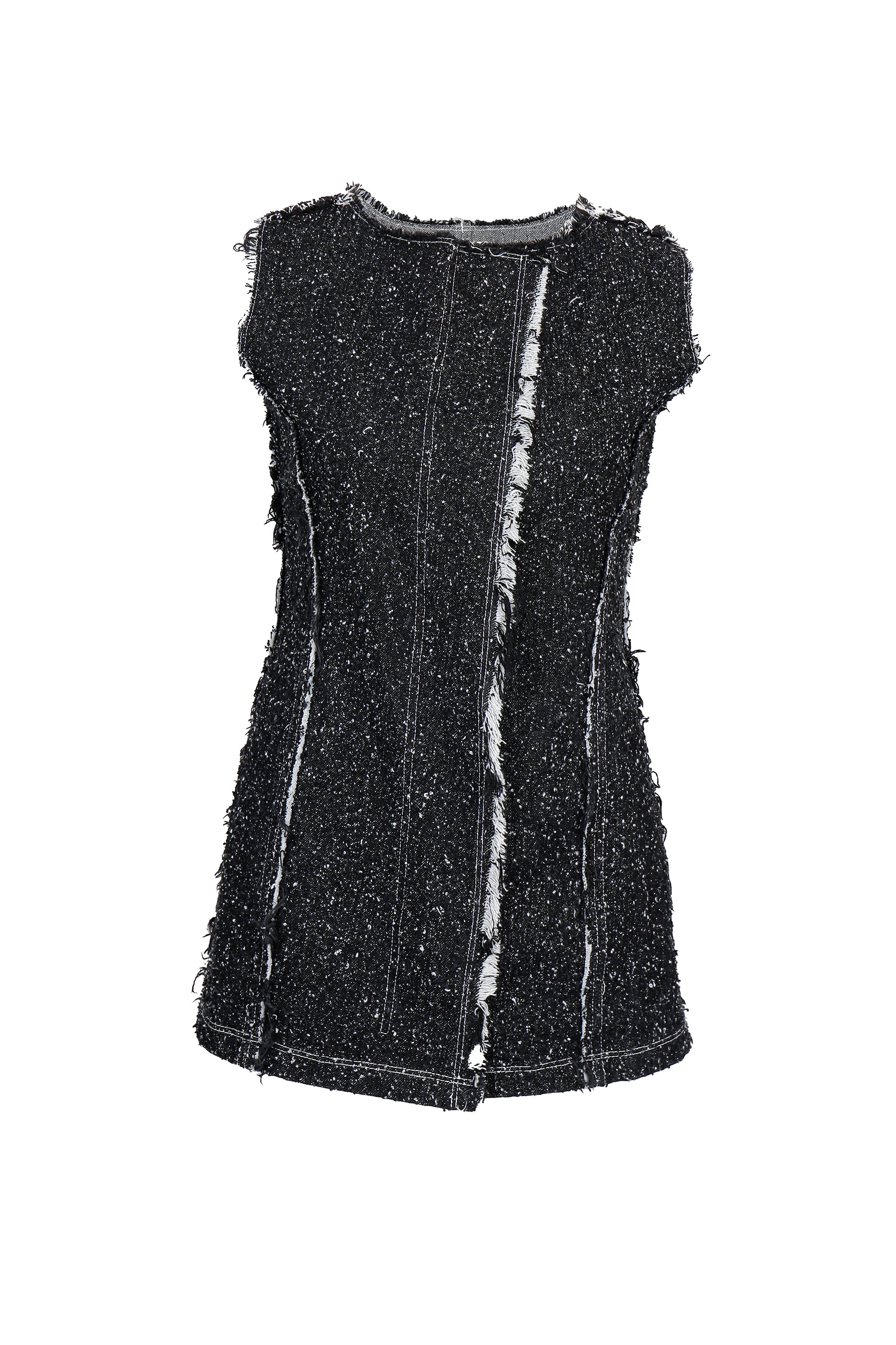 Black sleeveless top with textured fabric on a white background