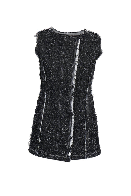 Black sleeveless top with textured fabric on a white background