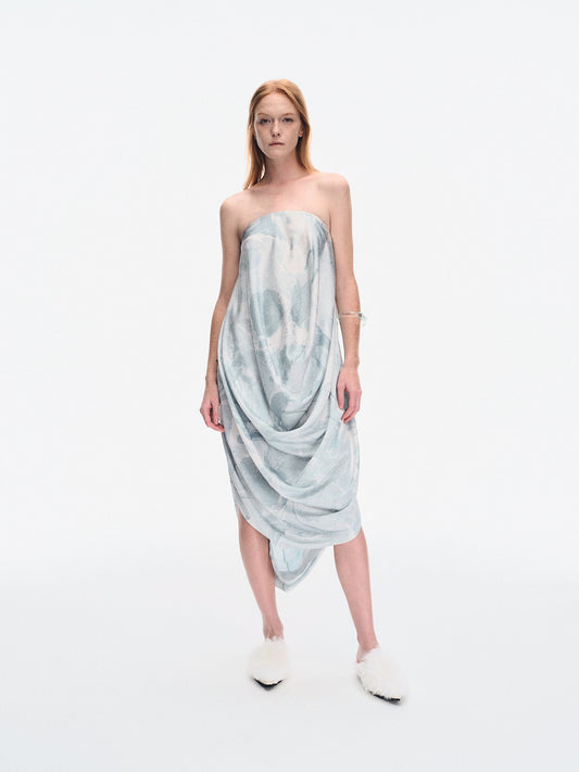 WATER LILY PRINTED STRAPLESS DRAPE DRESS