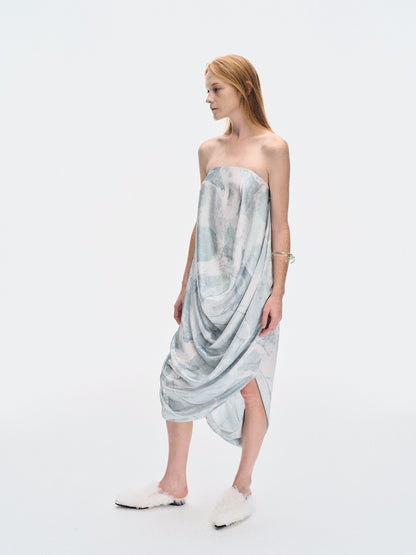 WATER LILY PRINTED STRAPLESS DRAPE DRESS