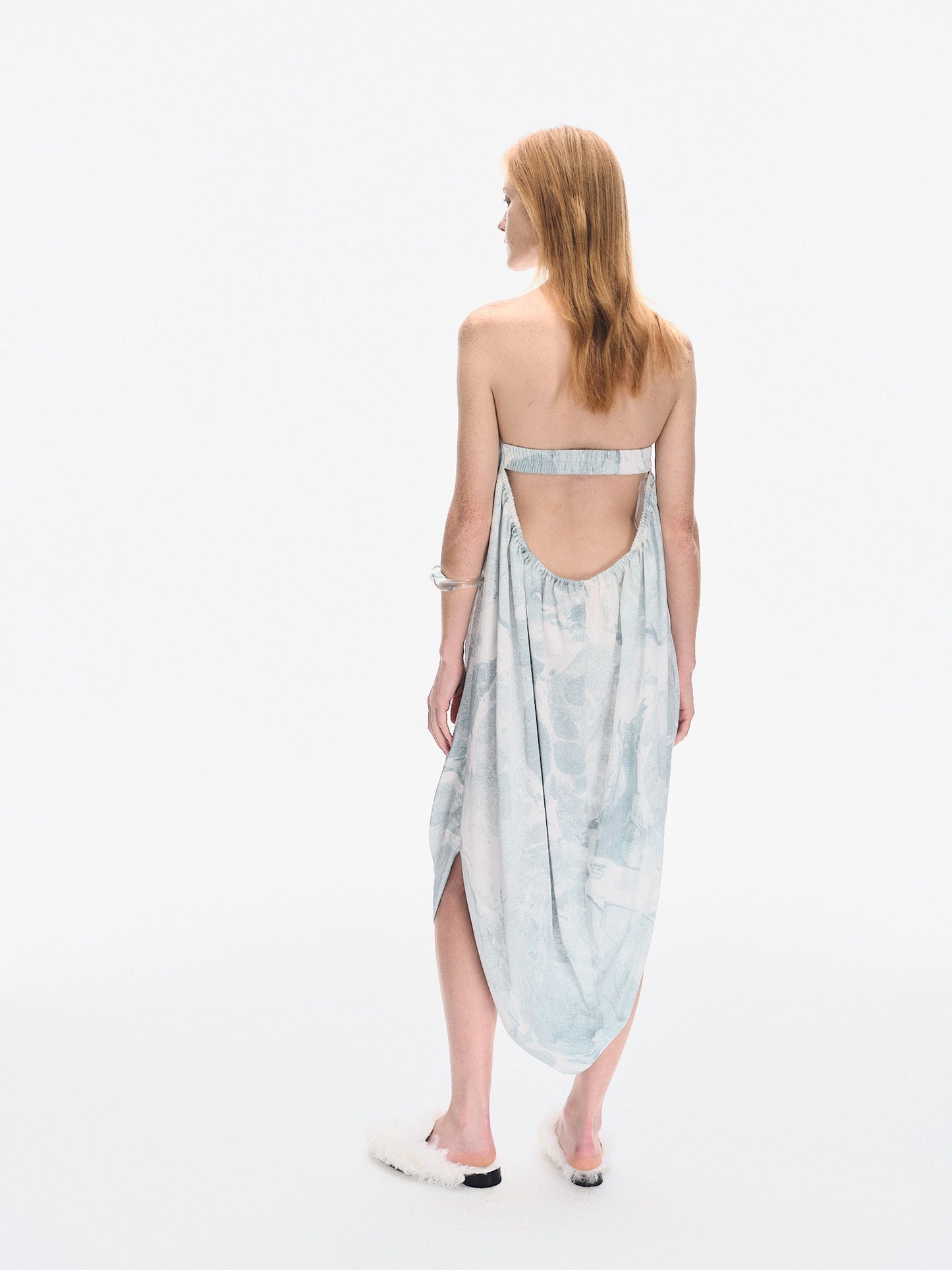 WATER LILY PRINTED STRAPLESS DRAPE DRESS