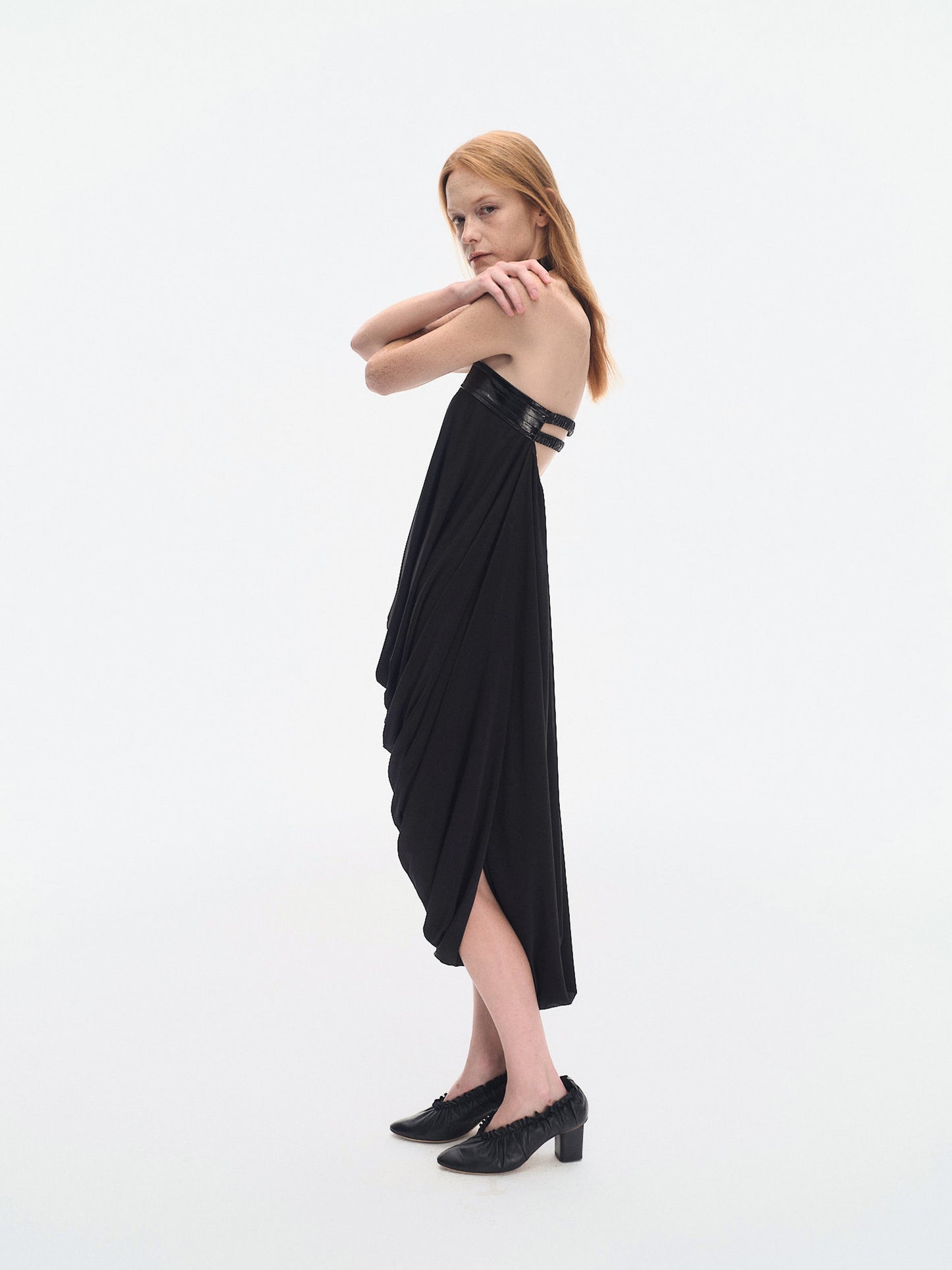 BLACK STRETCH JERSEY DRAPED TUBE DRESS