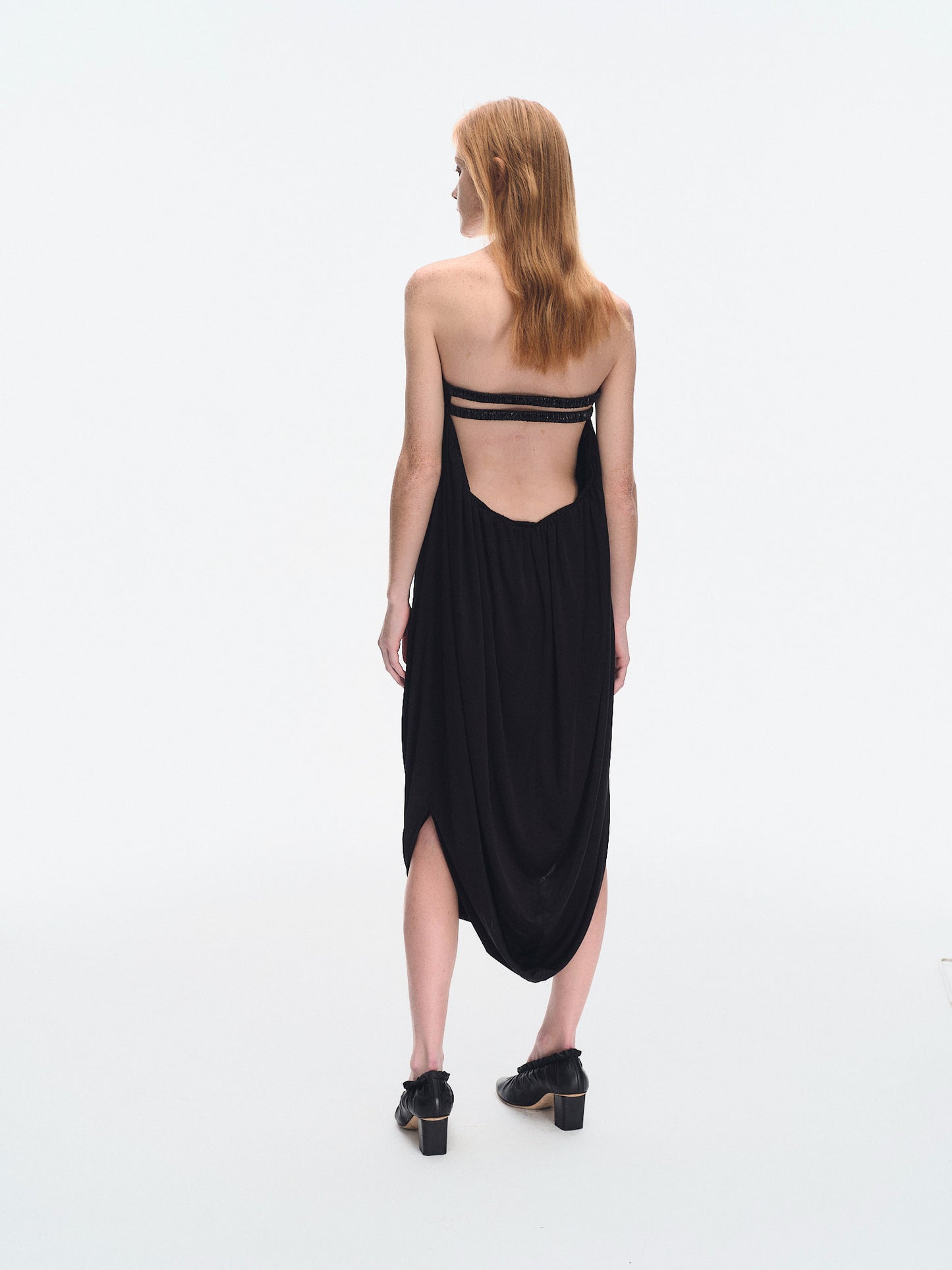 BLACK STRETCH JERSEY DRAPED TUBE DRESS
