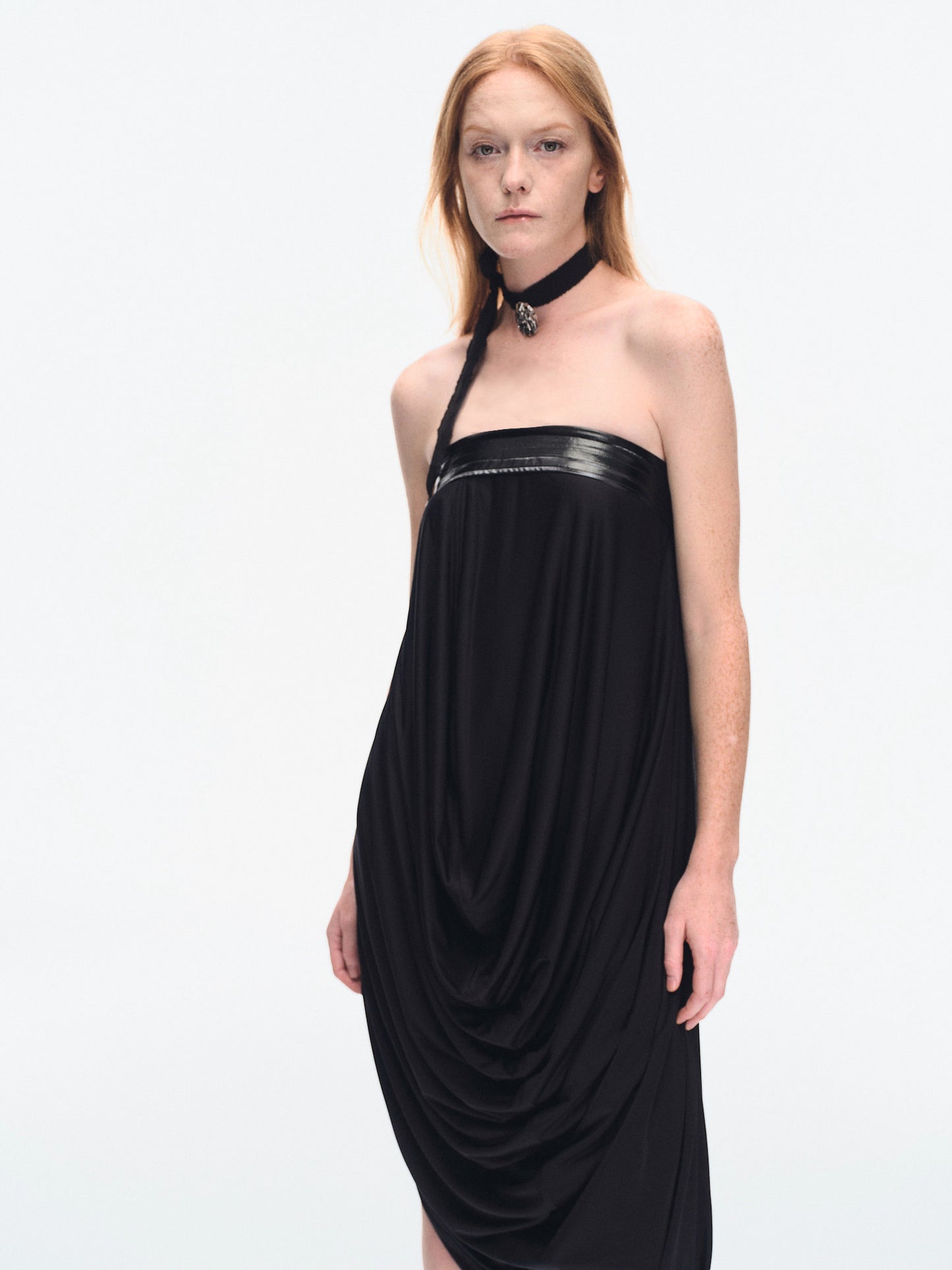 BLACK STRETCH JERSEY DRAPED TUBE DRESS