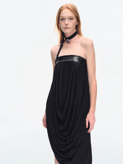BLACK STRETCH JERSEY DRAPED TUBE DRESS