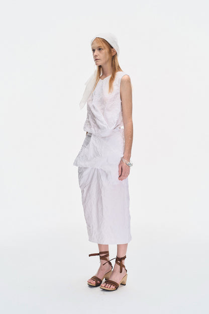 WHITE CRINKLED TEXTURE DRAPED MIDI SKIRT